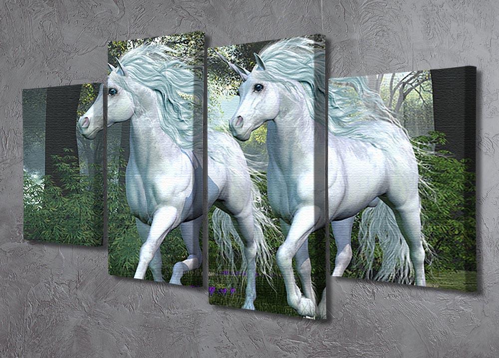 A beautiful 4-split canvas artwork featuring unicorns in an enchanting forest, showcasing vibrant colors and intricate details.