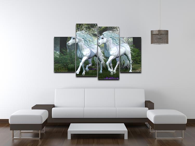 A beautiful 4-split canvas artwork featuring unicorns in an enchanting forest, showcasing vibrant colors and intricate details.