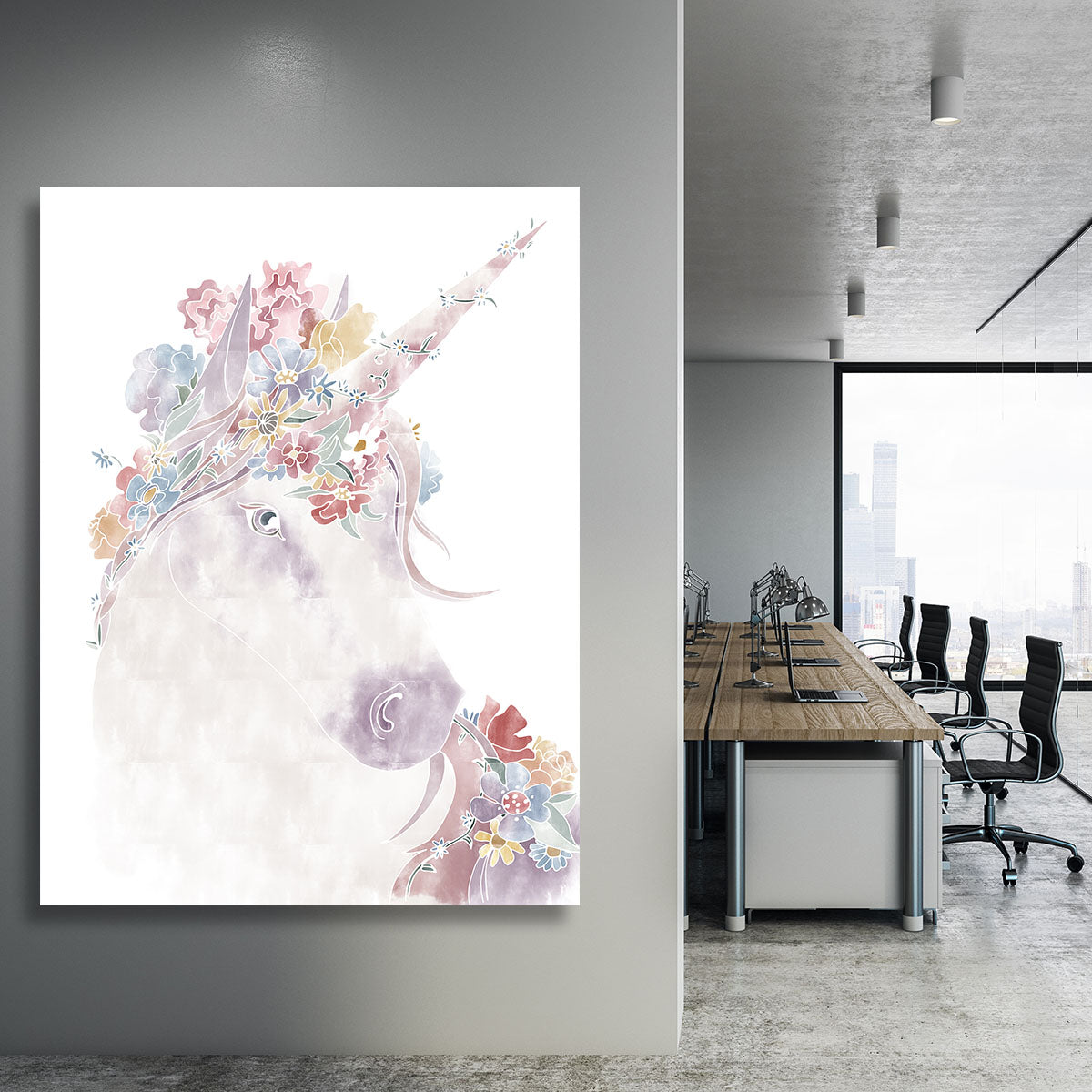 A vibrant unicorn surrounded by colorful flowers on a canvas print, perfect for home decor.