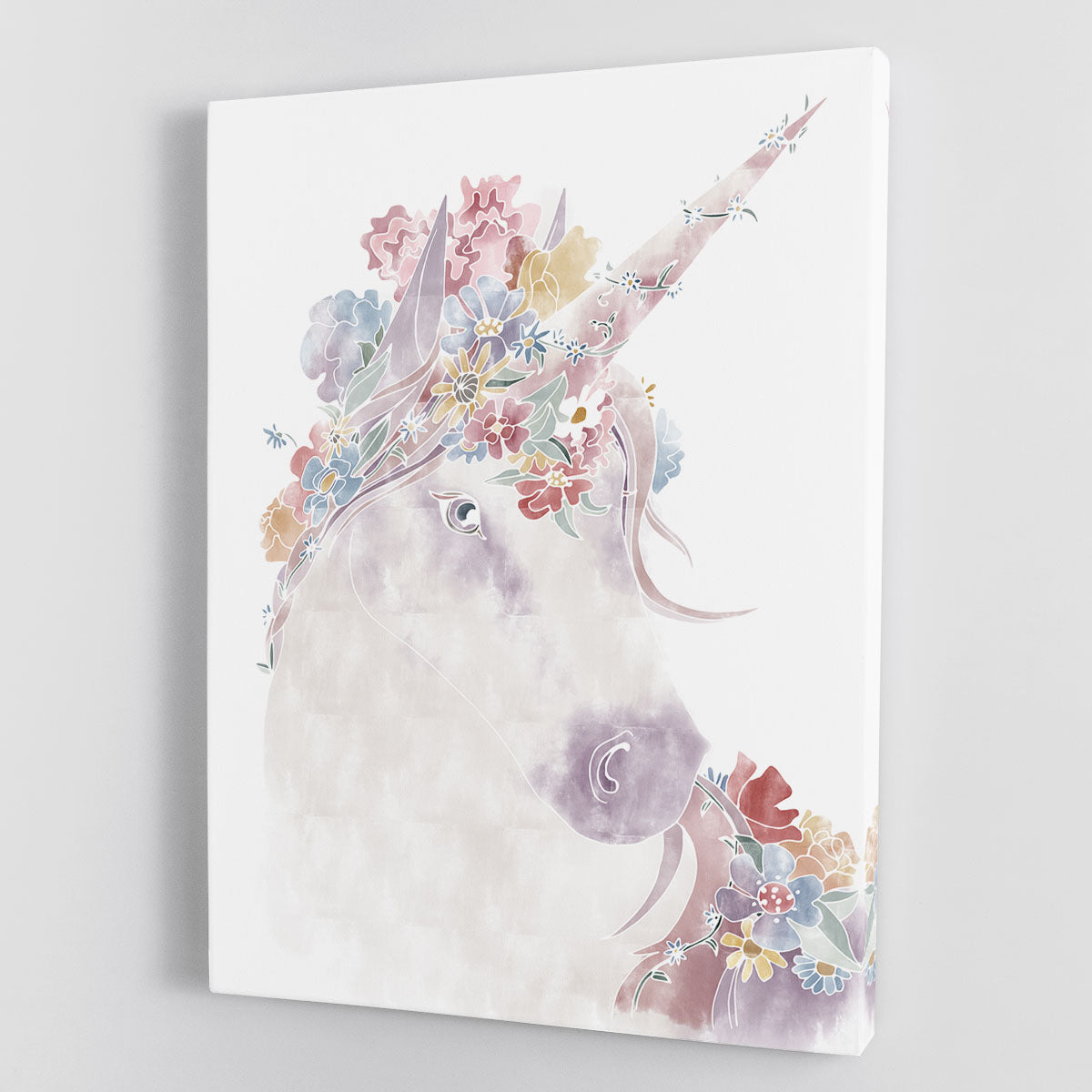 A vibrant unicorn surrounded by colorful flowers on a canvas print, perfect for home decor.