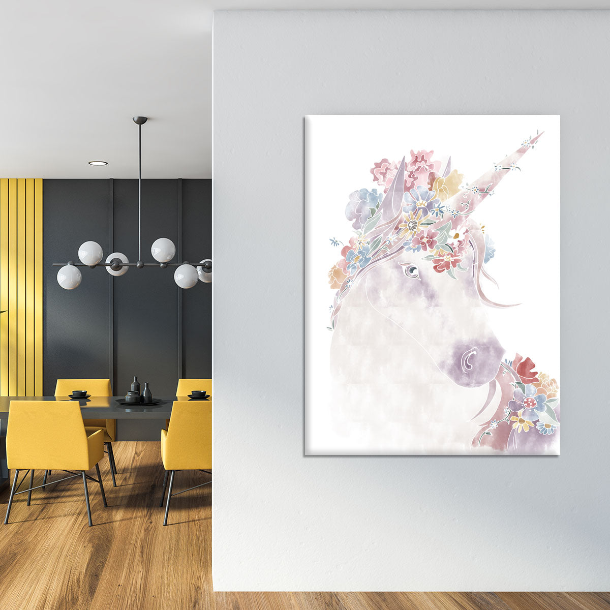 A vibrant unicorn surrounded by colorful flowers on a canvas print, perfect for home decor.