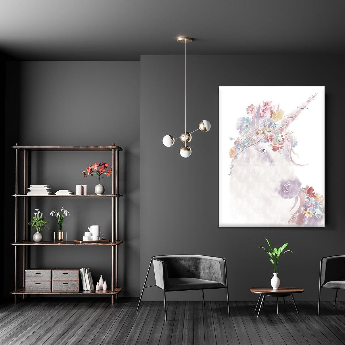 A vibrant unicorn surrounded by colorful flowers on a canvas print, perfect for home decor.