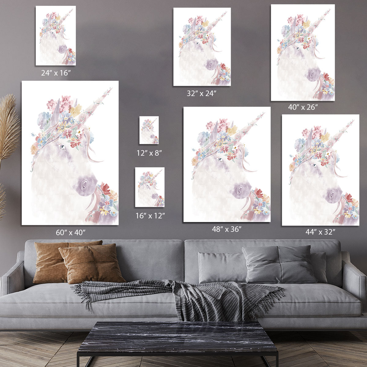 A vibrant unicorn surrounded by colorful flowers on a canvas print, perfect for home decor.