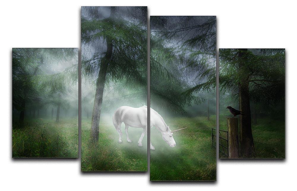 A whimsical 4 split panel canvas featuring a unicorn in a magical forest, showcasing vibrant colors and enchanting details.