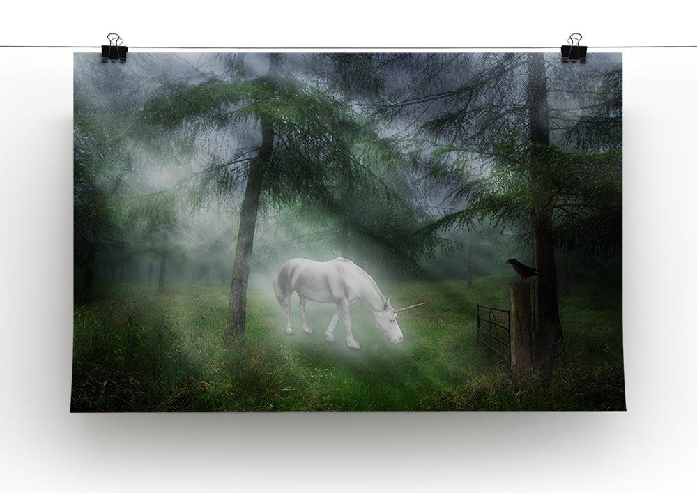 A beautiful canvas print featuring a unicorn in a magical forest, showcasing vibrant colors and enchanting scenery.