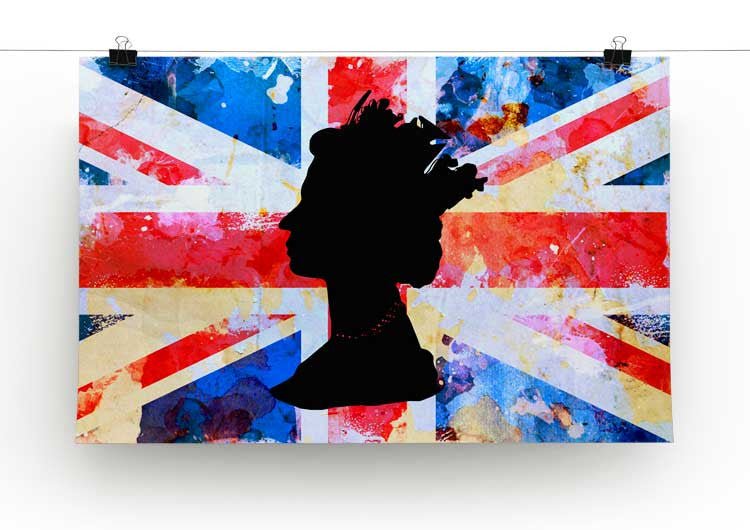 Canvas print featuring the silhouette of the Queen against the Union Jack flag, showcasing British culture and modern art.