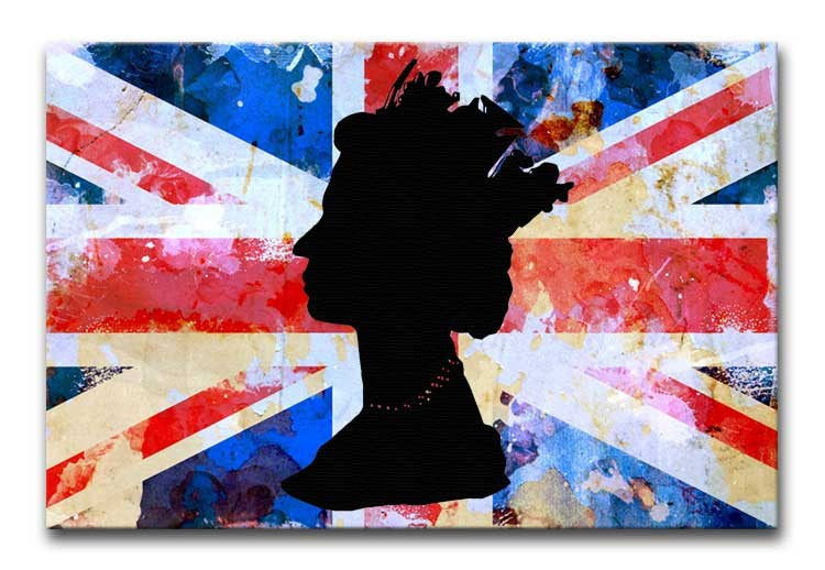 Canvas print featuring the silhouette of the Queen against the Union Jack flag, showcasing British culture and modern art.