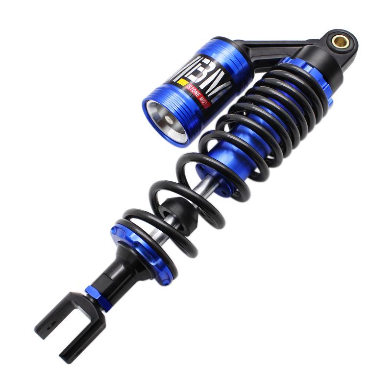 Universal 320mm Motorcycle Shock Absorber in red, blue, and purple colors, showcasing its aluminum alloy construction and adjustable features.