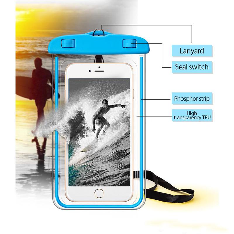 Universal Waterproof Beach Bag Case for iPhone 7, X, XR in luminous colors, showcasing its durable and stylish design.