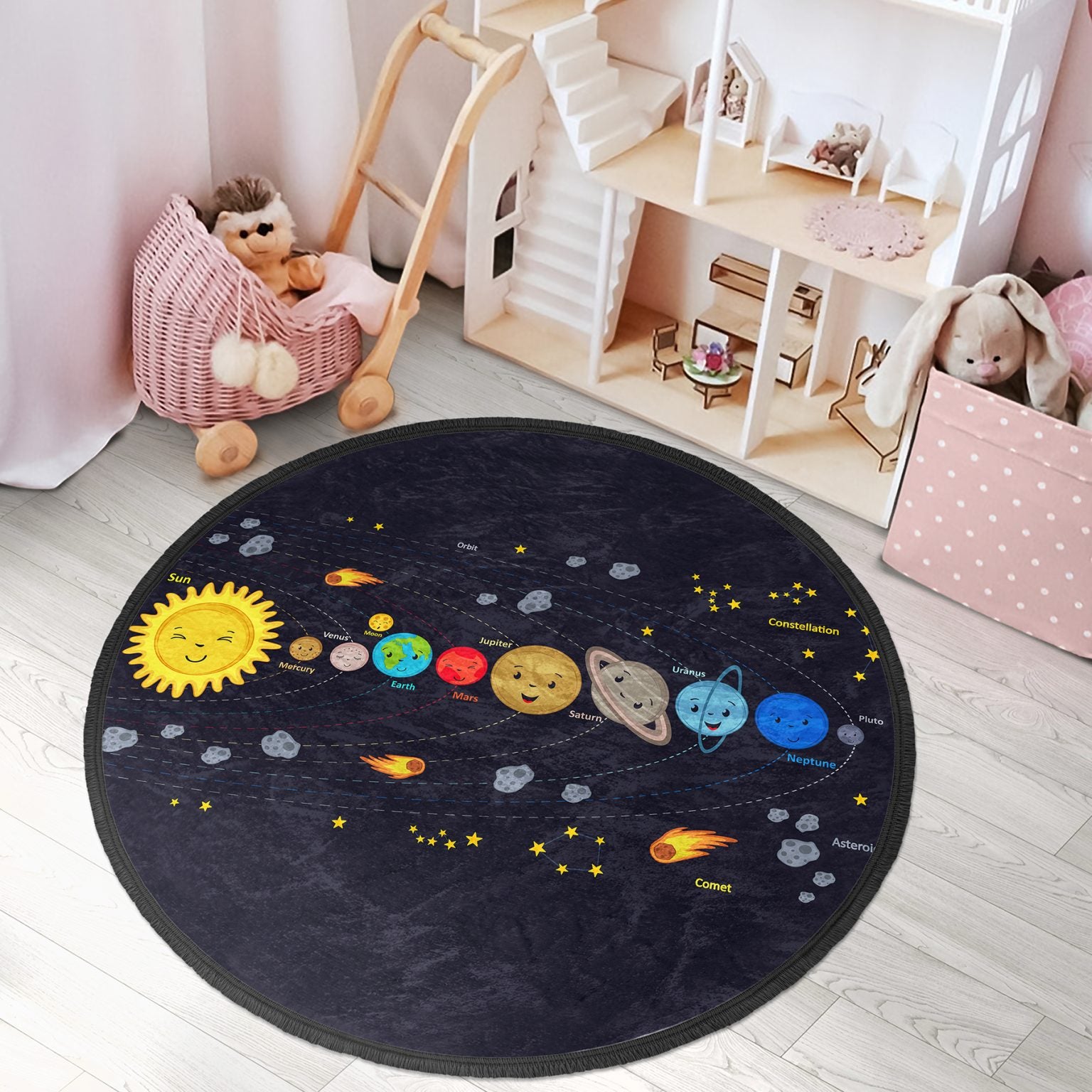A colorful round rug featuring a vibrant universe design, perfect for kids' rooms and playrooms, made of soft velvet fabric with fringes.