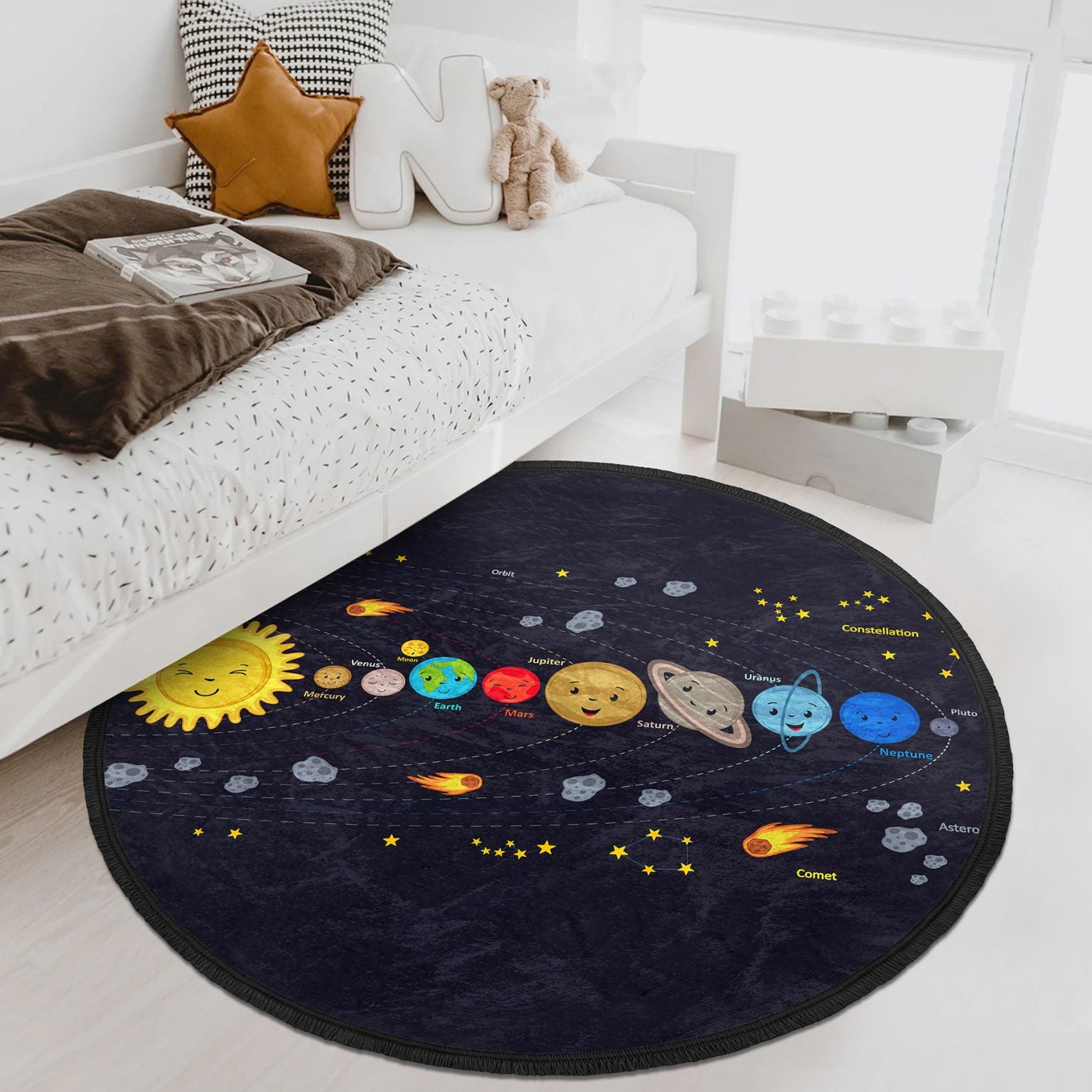 A colorful round rug featuring a vibrant universe design, perfect for kids' rooms and playrooms, made of soft velvet fabric with fringes.