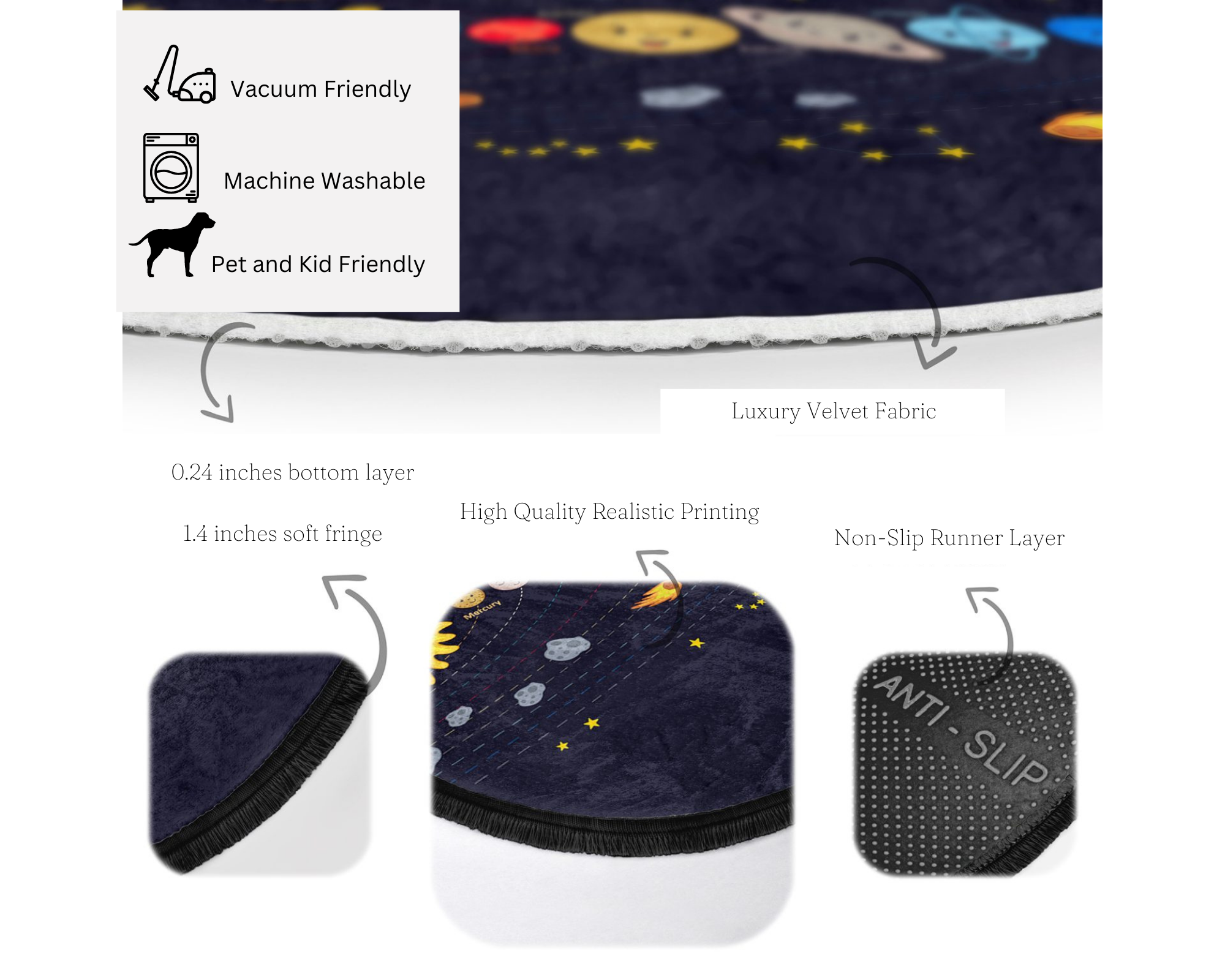 A colorful round rug featuring a vibrant universe design, perfect for kids' rooms and playrooms, made of soft velvet fabric with fringes.