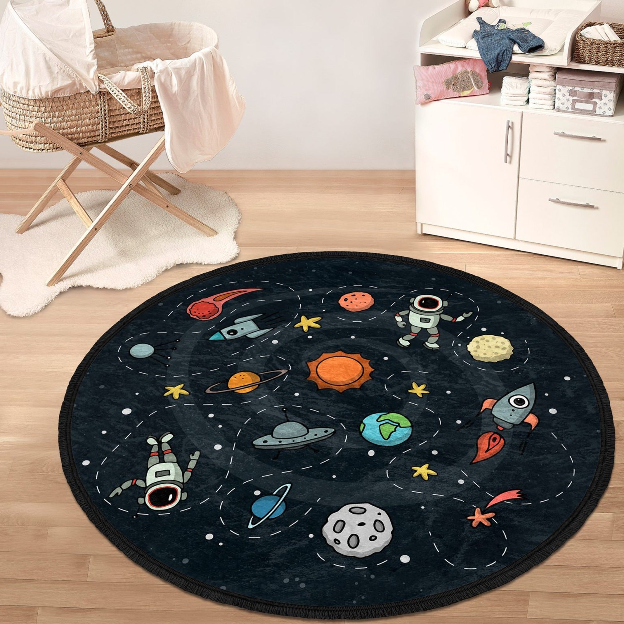 A vibrant universe patterned kids room rug featuring a colorful celestial design, perfect for nurseries and play areas.