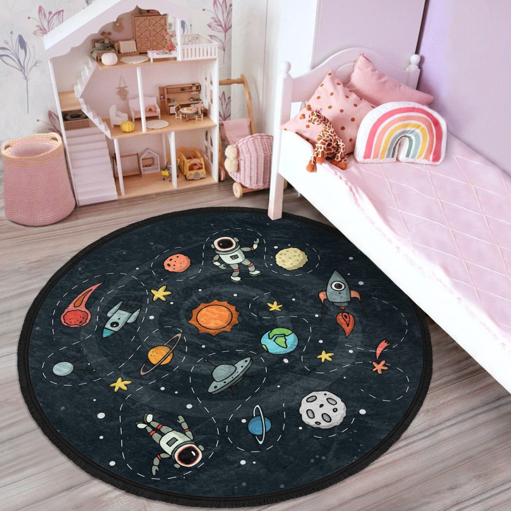 A vibrant universe patterned kids room rug featuring a colorful celestial design, perfect for nurseries and play areas.
