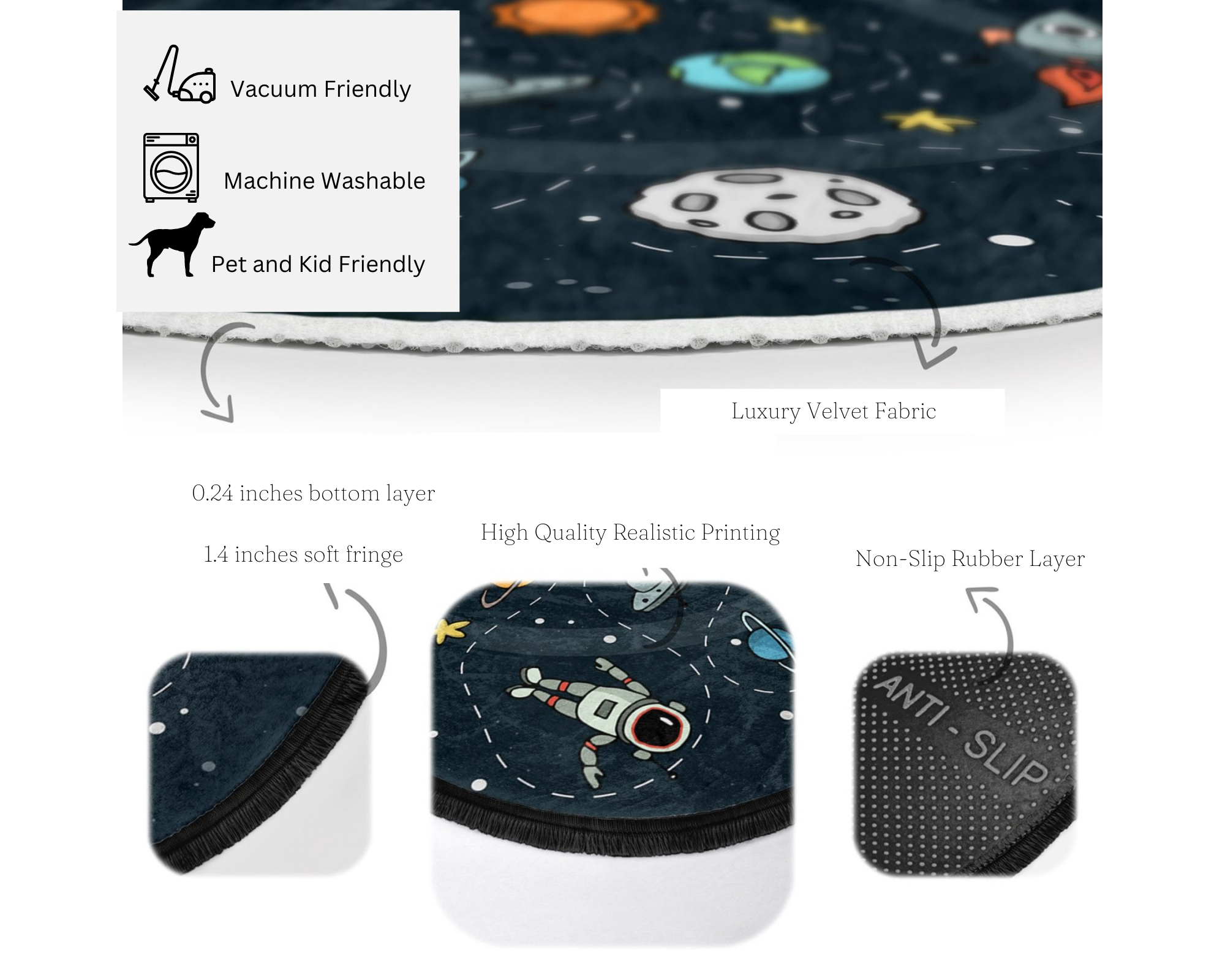 A vibrant universe patterned kids room rug featuring a colorful celestial design, perfect for nurseries and play areas.