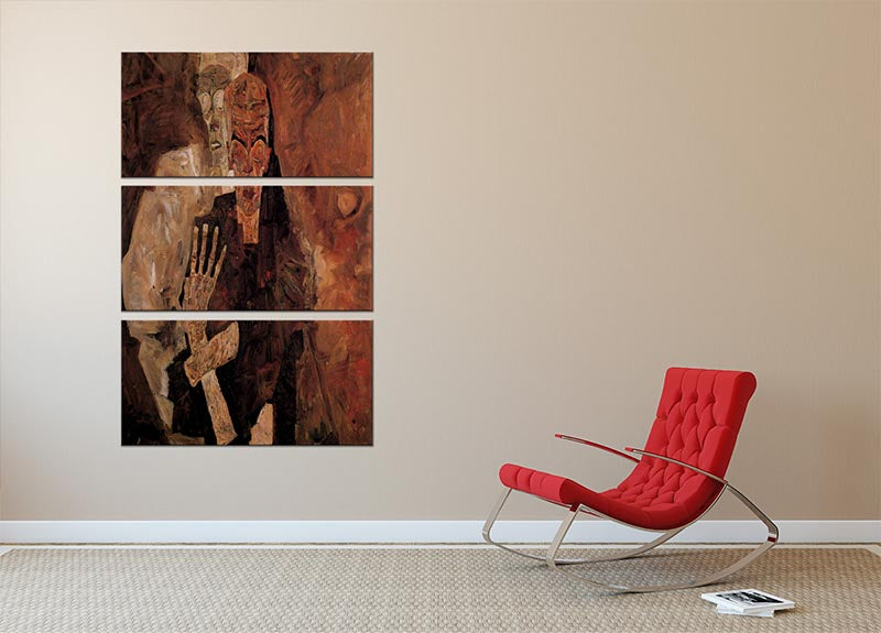 Three-panel canvas artwork featuring Egon Schiele's Unlicensed or even death and man, showcasing modern art style.