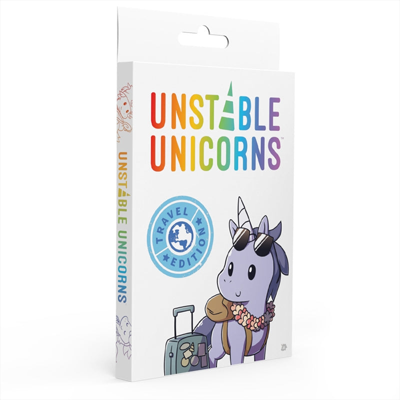 Unstable Unicorns Travel Edition card game featuring colorful unicorn illustrations and travel-themed cards.