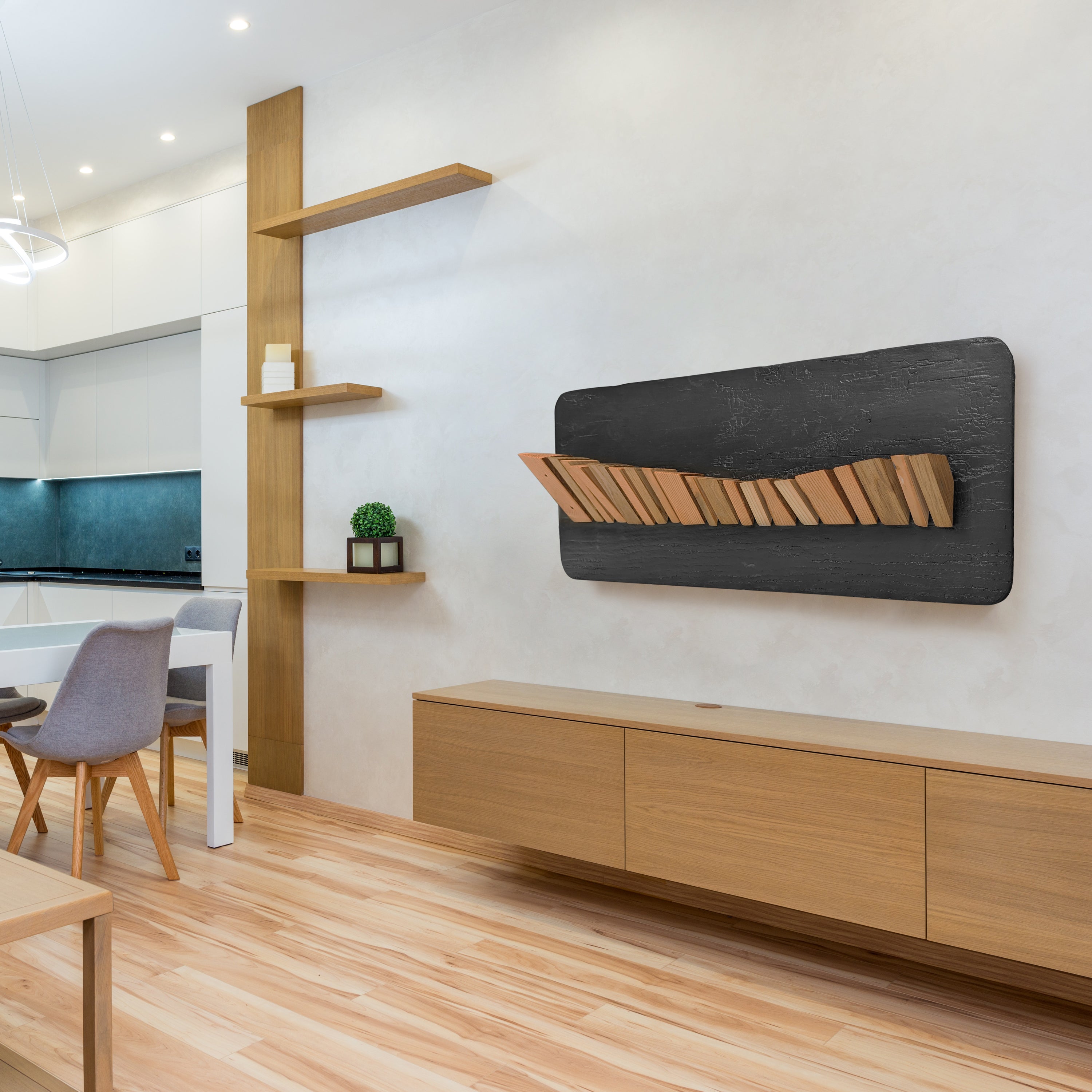 A handcrafted wooden wall art piece, Untitled #8, featuring a unique pattern made from reclaimed wood, showcasing its eco-friendly design.