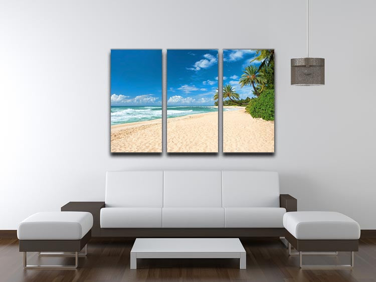 A stunning 3-panel canvas print depicting an untouched sandy beach with palm trees, perfect for home decor.