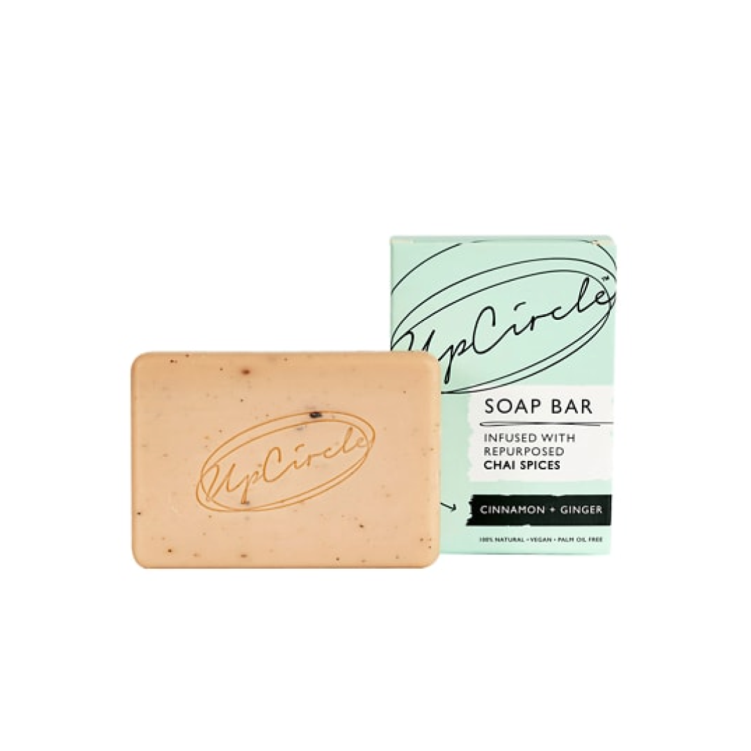 UpCircle Fennel & Cardamom Chai Soap Bar with natural ingredients, showcasing its creamy texture and earthy colors.