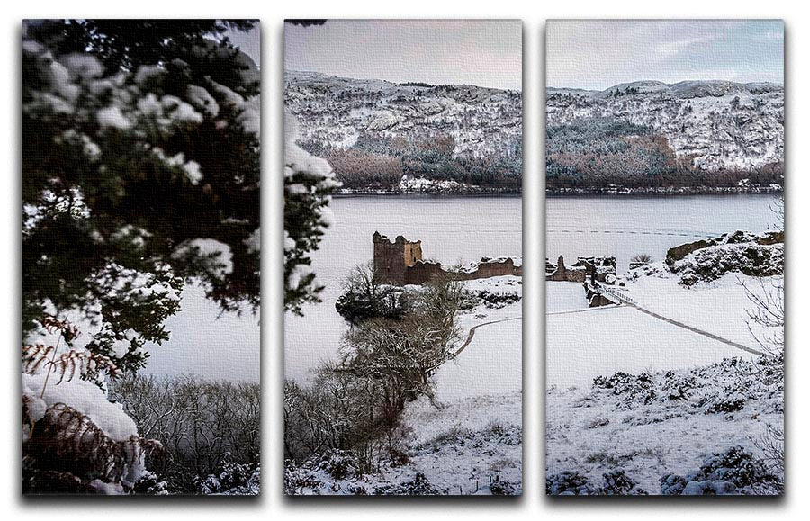 A beautiful 3-panel canvas print featuring Urquhart Castle surrounded by snow, showcasing stunning details and vibrant colors.