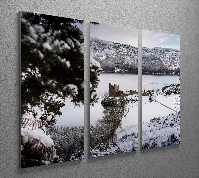 A beautiful 3-panel canvas print featuring Urquhart Castle surrounded by snow, showcasing stunning details and vibrant colors.