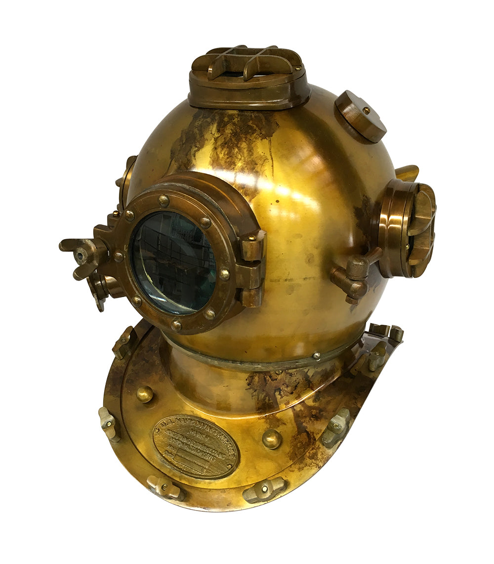 US Navy Mark V Diving Helmet with brass antique finish, featuring a magnifying glass viewing window, perfect for decor and collectors.