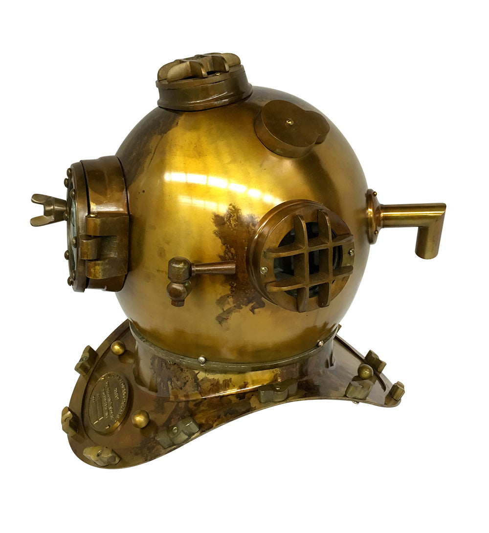 US Navy Mark V Diving Helmet with brass antique finish, featuring a magnifying glass viewing window, perfect for decor and collectors.