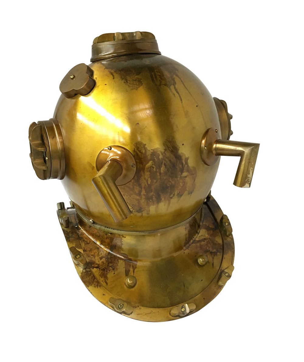 US Navy Mark V Diving Helmet with brass antique finish, featuring a magnifying glass viewing window, perfect for decor and collectors.