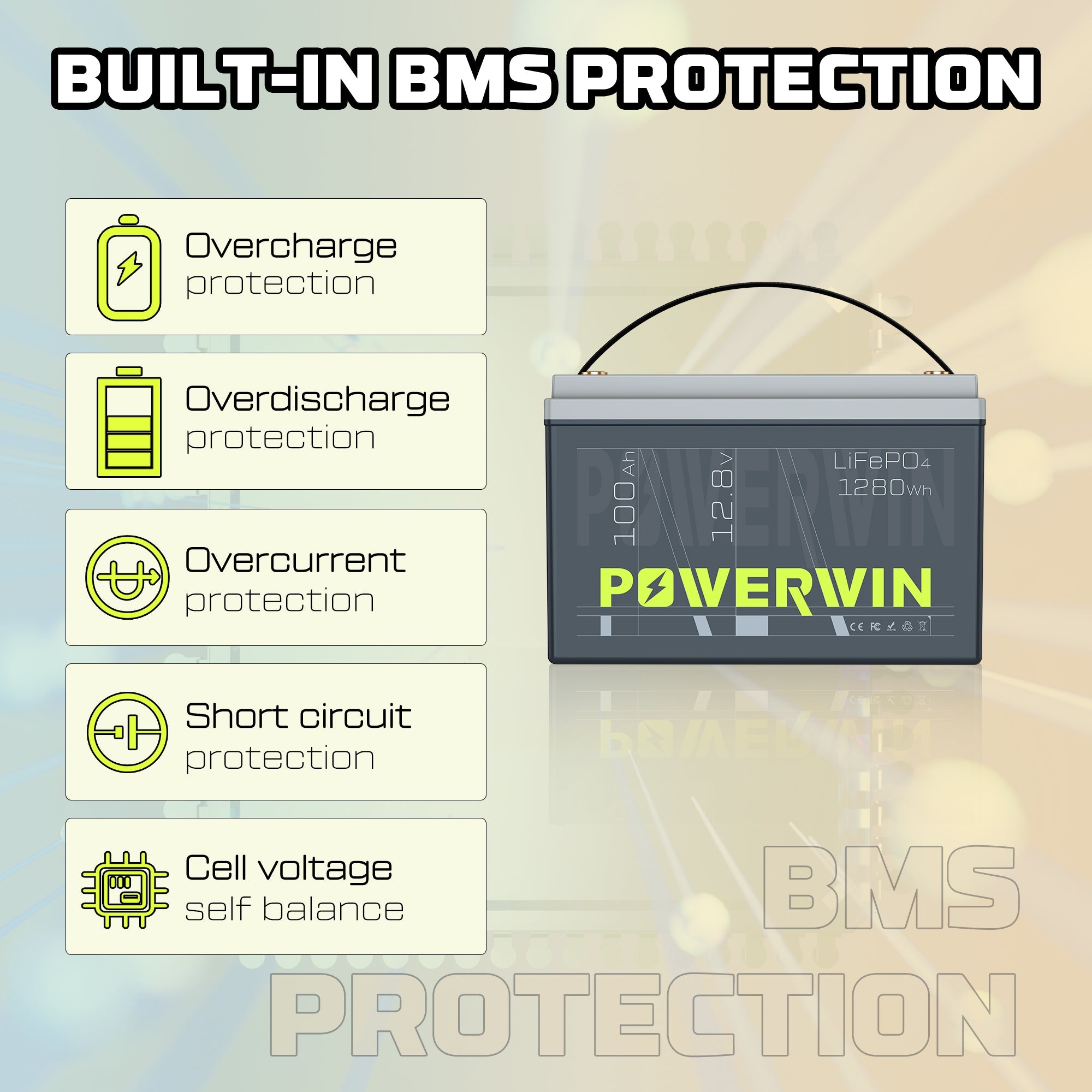 US POWERWIN BT100×8 LiFePO4 batteries, showcasing a sleek design and advanced technology for energy storage.