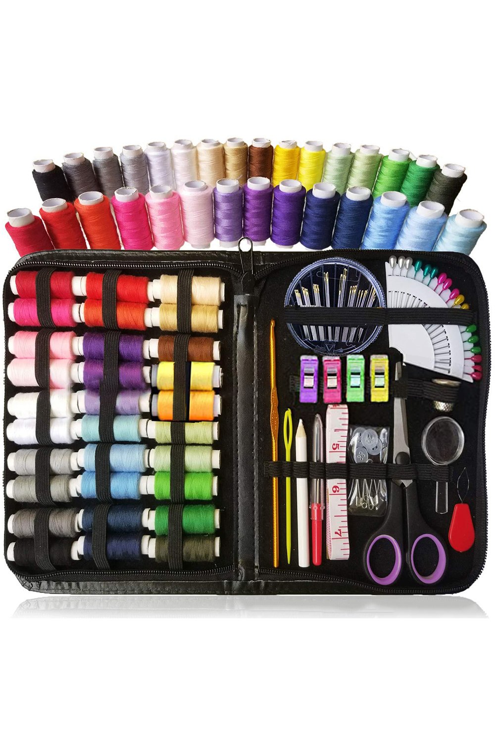 A comprehensive set of household sewing tools including scissors, cross-stitch fabric, and various sewing supplies, ideal for all sewing projects.