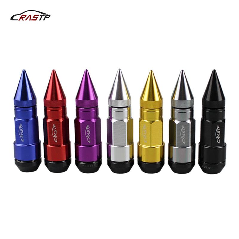 Set of 20 anodized racing car wheel lug nuts in various colors including black, blue, red, purple, gold, silver, and titanium.