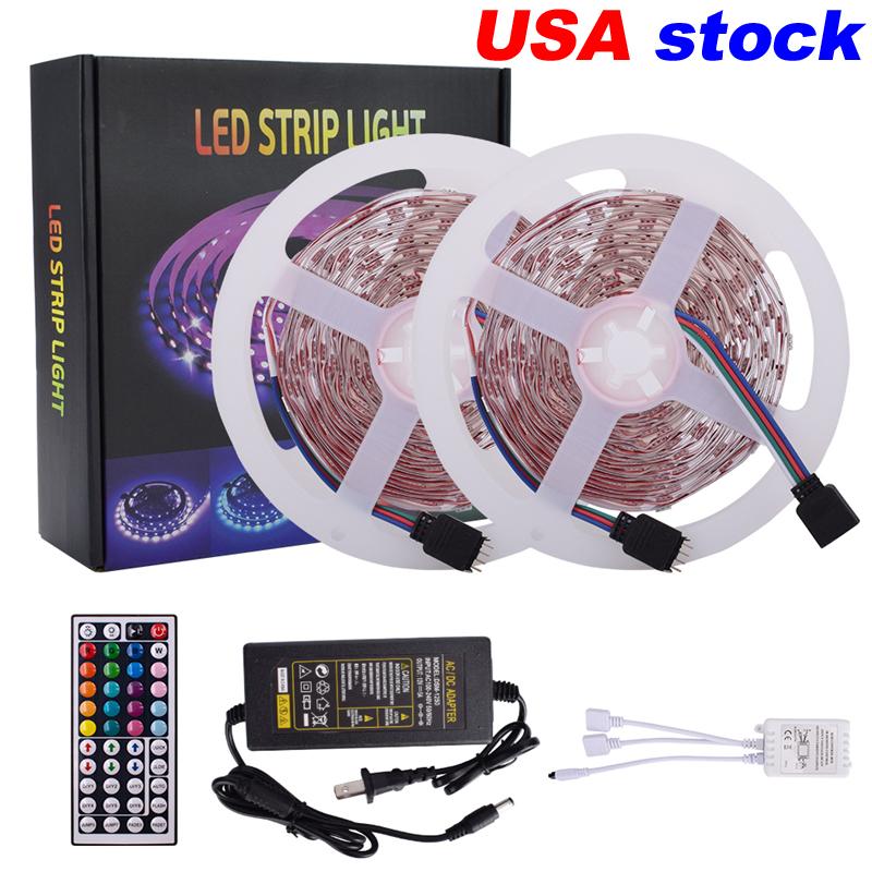 USA Stock RGB LED strips in 16.4Ft and 32.8Ft lengths, showcasing vibrant colors and flexible installation options.