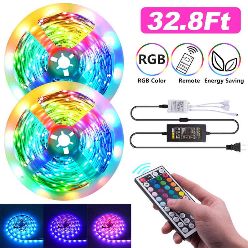 USA Stock RGB LED strips in 16.4Ft and 32.8Ft lengths, showcasing vibrant colors and flexible installation options.