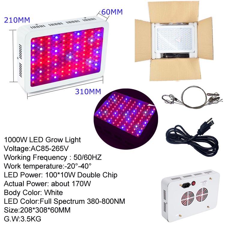 USA Stock High Power 1000W LED Grow Light with full spectrum for indoor gardening, showcasing its square shape and red & blue emitting colors.