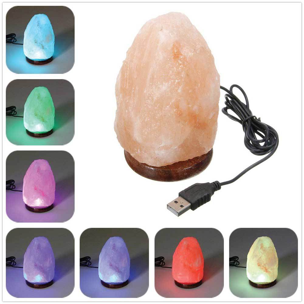 USB Colour Changing Himalayan Salt Lamp in natural shape, glowing with vibrant colors, showcasing its unique pink rock texture.