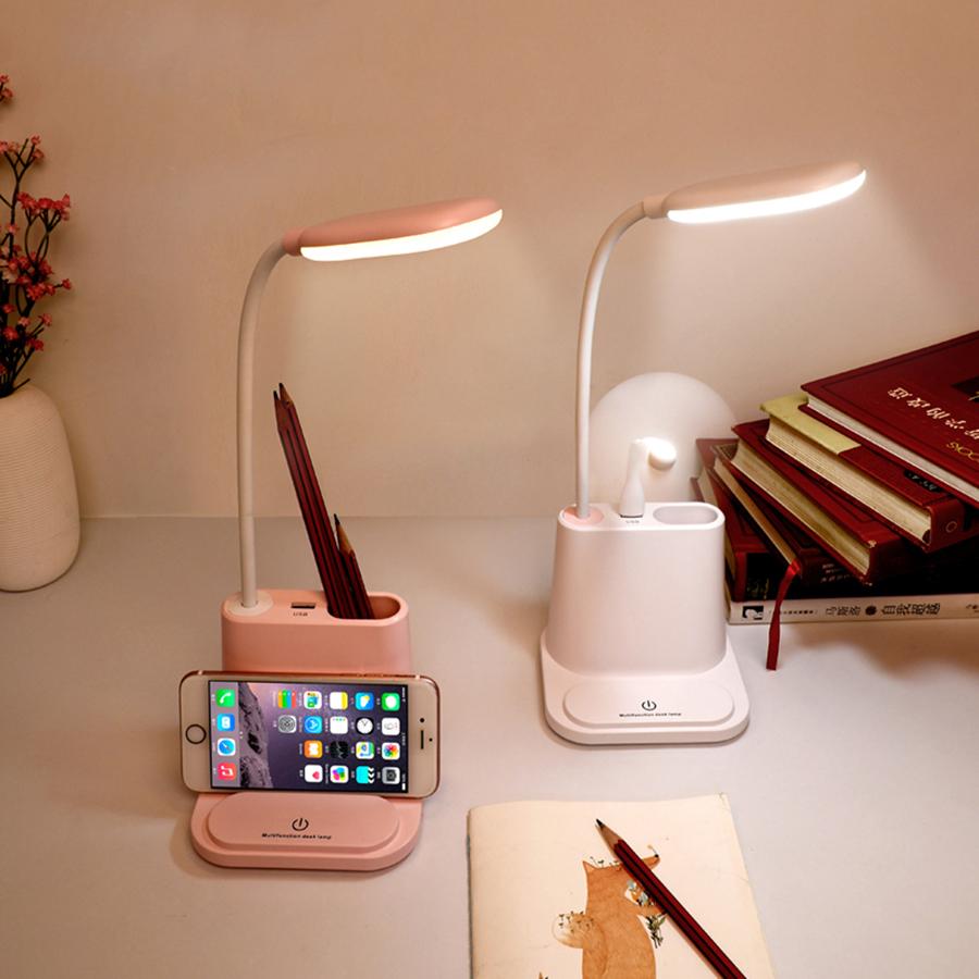 USB Rechargeable LED Desk Lamp with touch dimming feature, showcasing a modern design in white color, ideal for home and office use.