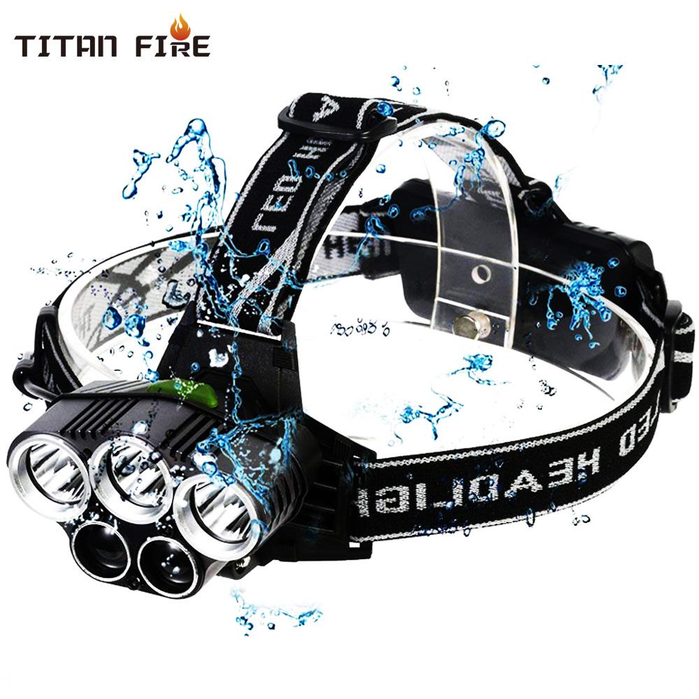 USB rechargeable LED headlamp featuring 3 white and 2 blue lights, designed for outdoor activities with adjustable angle and waterproof design.