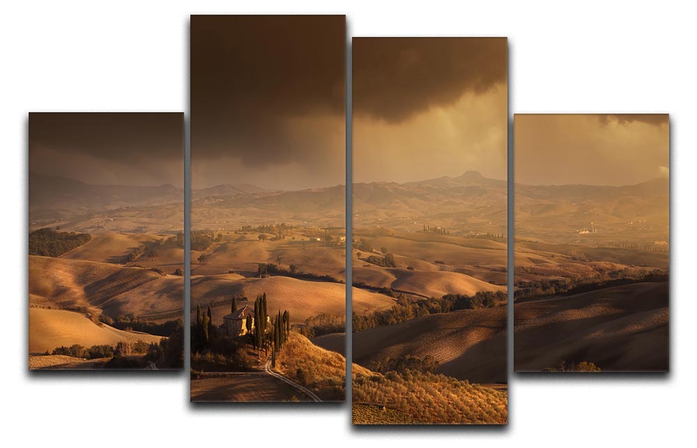 Val Orcia 4 Split Panel Canvas artwork featuring a beautiful landscape divided into four sections, showcasing vibrant colors and intricate details.