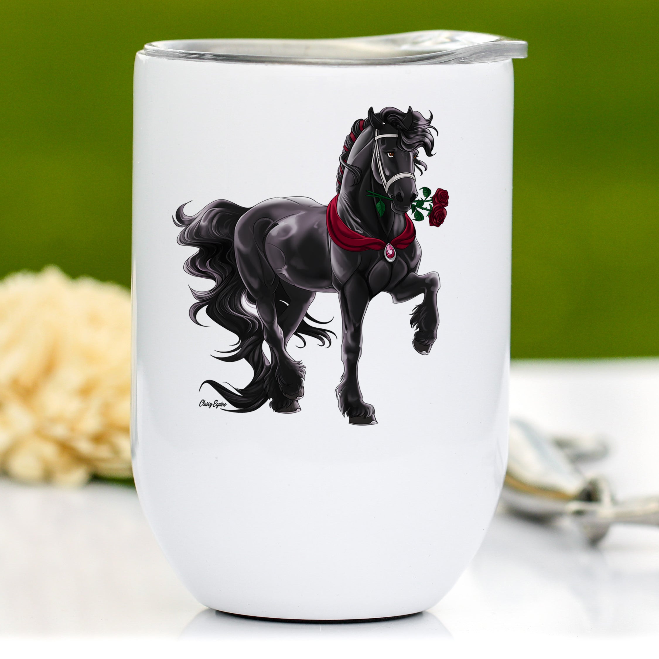 Valentine Love Friesian Horse Wine Tumbler with a stylish horse design, perfect for wine lovers.