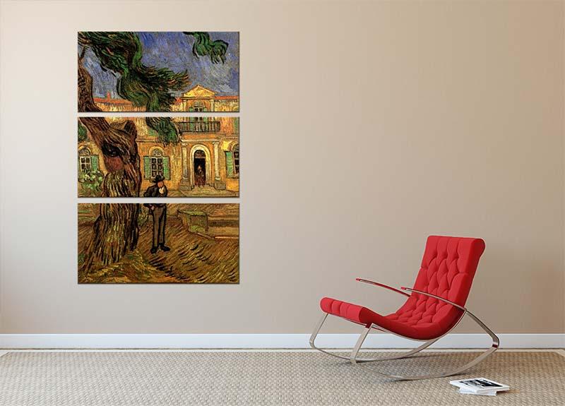 Three-panel canvas art featuring Van Gogh's Pine Trees with a figure in a serene garden setting.