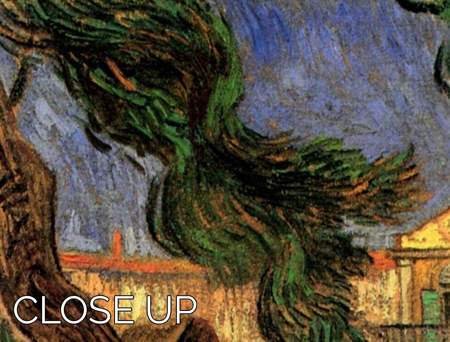 Three-panel canvas art featuring Van Gogh's Pine Trees with a figure in a serene garden setting.