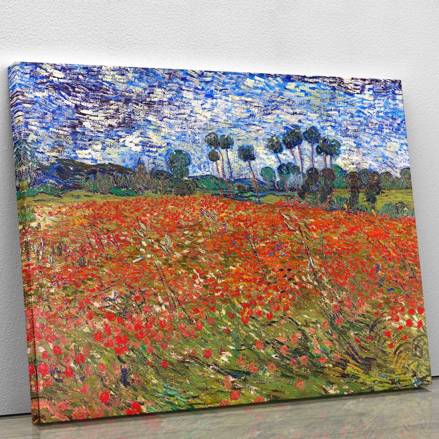 Van Gogh Poppies Field canvas print showcasing vibrant red poppies in a lush green field, perfect for home decor.