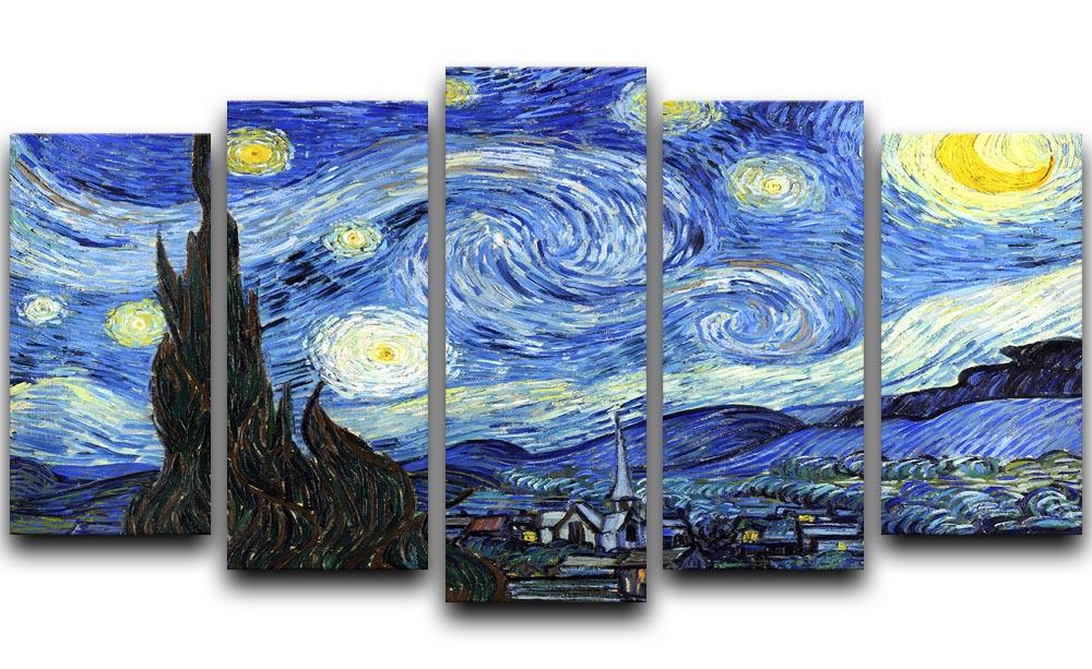 Van Gogh Starry Night 5 Split Panel Canvas artwork featuring vibrant colors and swirling patterns across five panels.