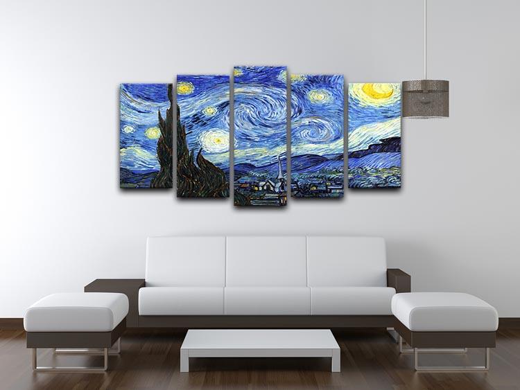 Van Gogh Starry Night 5 Split Panel Canvas artwork featuring vibrant colors and swirling patterns across five panels.