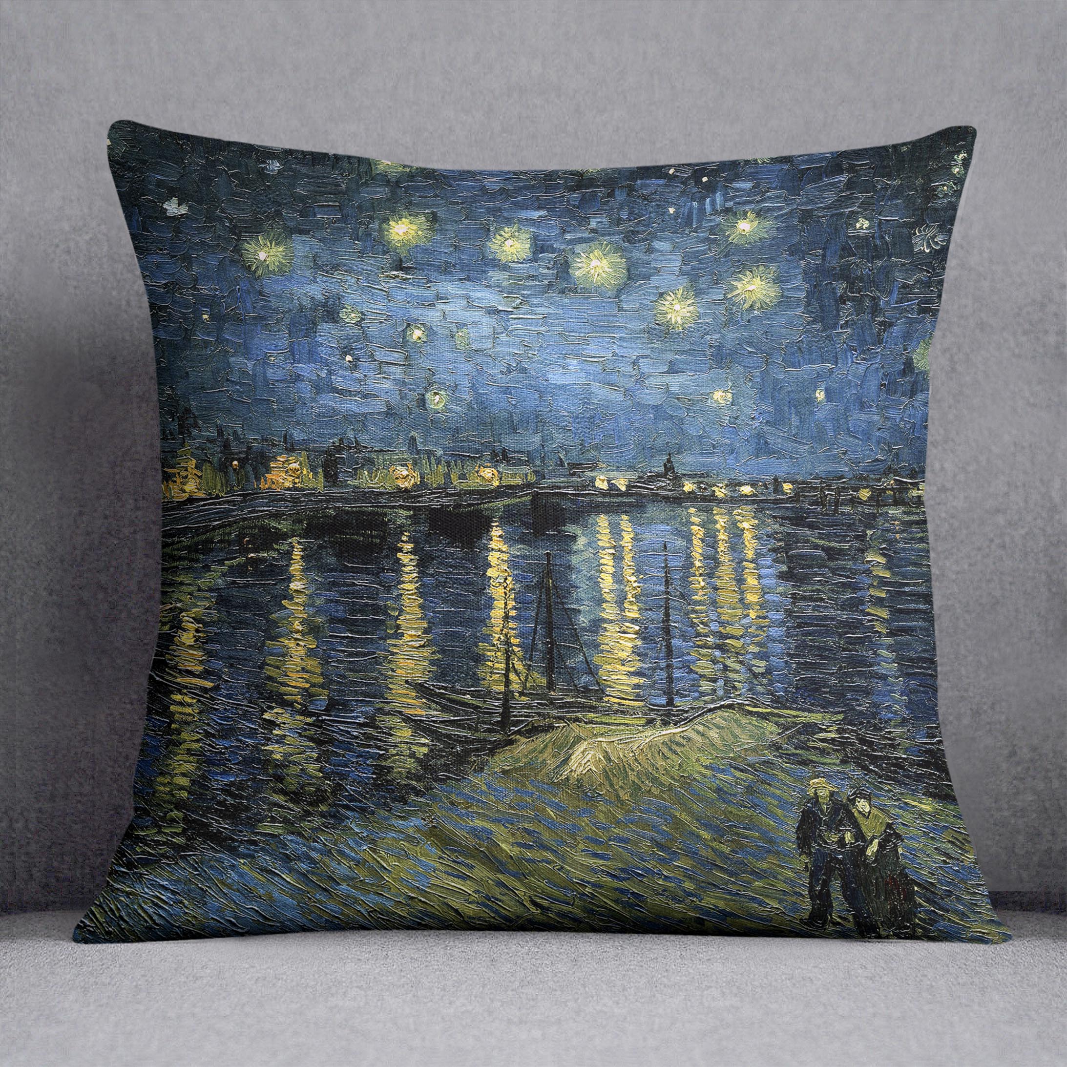 Van Gogh Starry Night over the Rhone Cushion featuring vibrant colors on luxurious vegan faux suede.