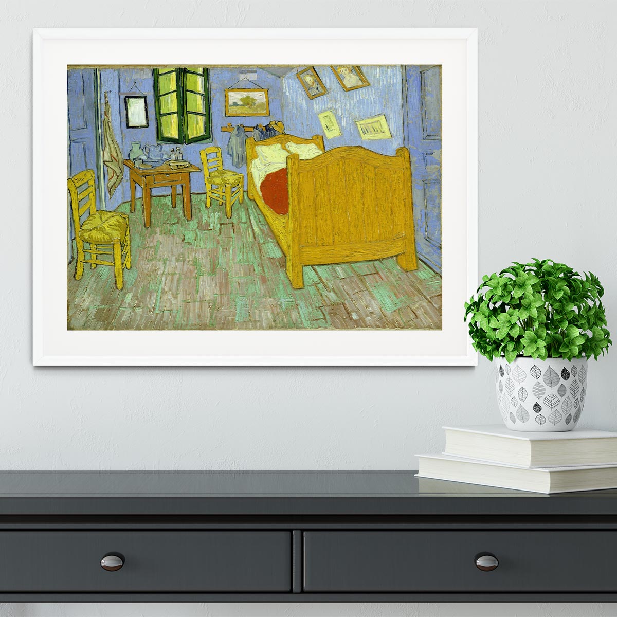 Framed print of Van Gogh's Vincent's Bedroom, showcasing vibrant colors and quality craftsmanship.