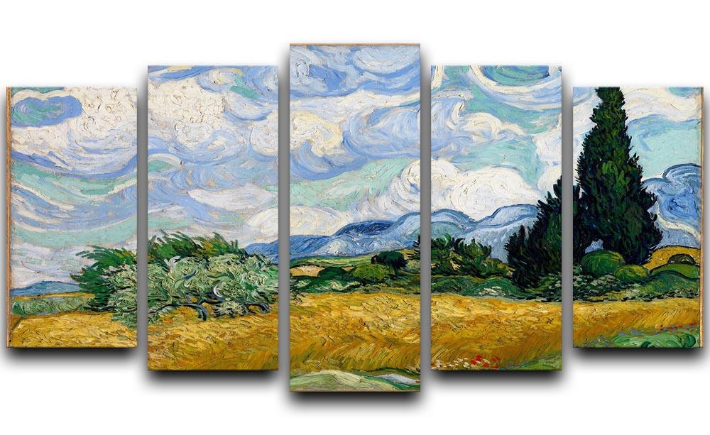Van Gogh's Wheat Field with Cypresses artwork displayed in a 5 split panel format, showcasing vibrant colors and dynamic landscape.