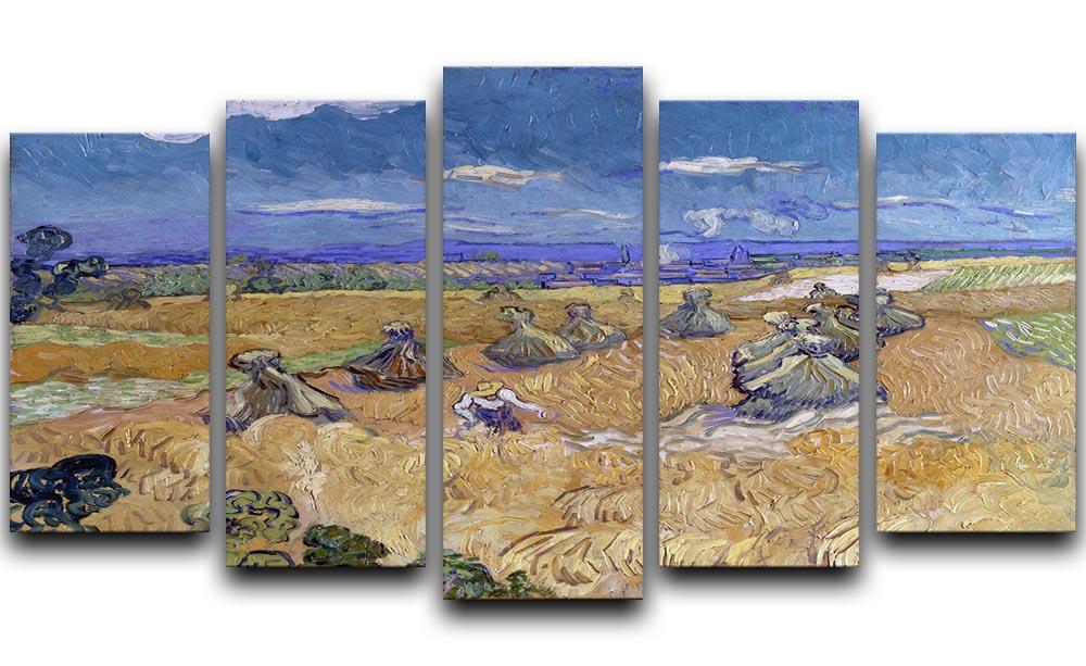 A 5-split canvas artwork featuring Van Gogh's Wheat Fields with Reaper at Auvers, showcasing vibrant colors and dynamic composition.
