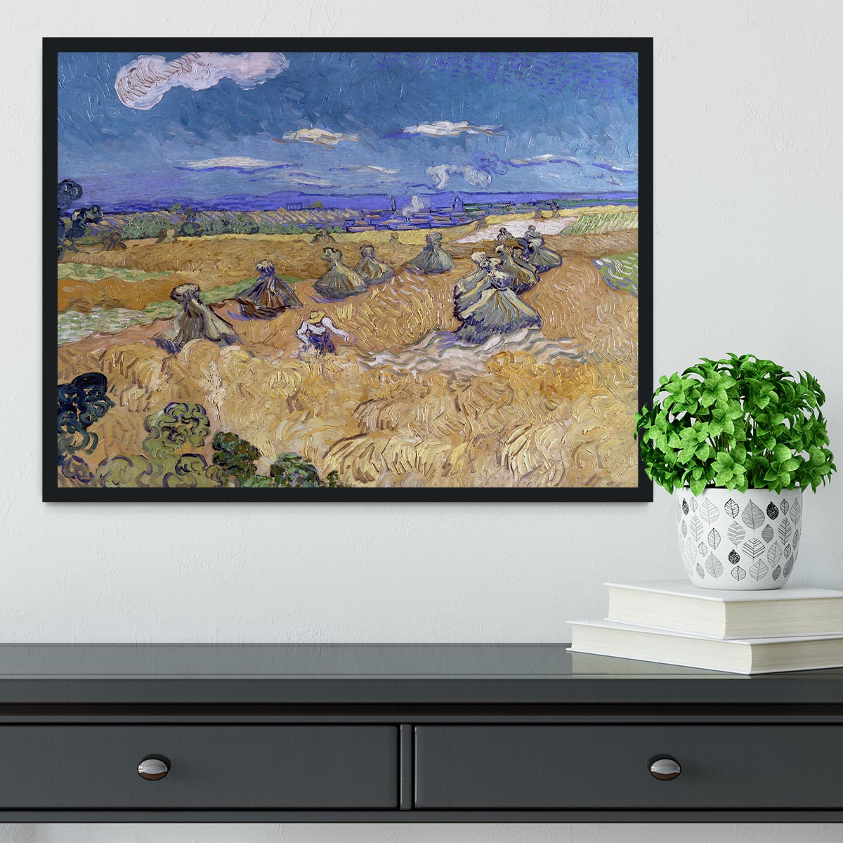 Framed print of Van Gogh's Wheat Fields with Reaper, showcasing vibrant colors and intricate details.